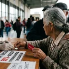 Imagen simbólica de una adulta mayor comprando boletos con el descuento.