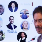 Fotografía que muestra una pantalla en una rueda de prensa del candidato a la Presidencia de Colombia Iván Cepeda este jueves, en Bogotá (Colombia).