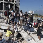 Personas caminan sobre los escombros de un edificio colapsado este lunes, en Cali (Colombia). Al menos 20 edificios sufrieron graves daños por consecuencia del terremoto de magnitud 7,4 que sacudió la mayor parte del país, con epicentro en la zona del Pacífico.