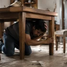 Una persona se protege bajo una mesa durante un sismo, siguiendo las recomendaciones básicas de seguridad.