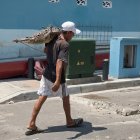 Un hombre carga un cocodrilo en Guayaquil.
