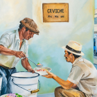 La venta de platos típicos como el ceviche, en las calles de Guayaquil, se recoge en la exposición pictórica.
