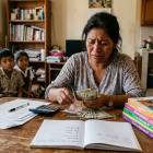 Imagen creada con IA para graficar la preocupación de una madre, que cuenta dinero para comprar textos.