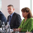 Los líderes nacionalistas John Swinney (Escocia), Rhun ap Iorwerth (Gales), Mary Lou McDonald y Michelle O'Neill (Irlanda del Norte) en Cardiff, el 14 de septiembre de 2026.