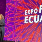 La vicepresidenta María José Pinto, durante su discurso en la inauguración de Expoflor Ecuador 2026, donde habló de la relación entre el Gobierno y el sector florícola.