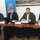 El Secretario de Seguridad, Gustavo Chiriboga, y directores de otras entidades municipales, durante una rueda de prensa este 13 de octubre de 2026.