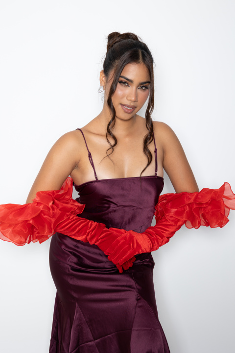 Guantes largos rojos bordados: ya sea por debajo o por encima del codo, añaden glamour y dramatismo.