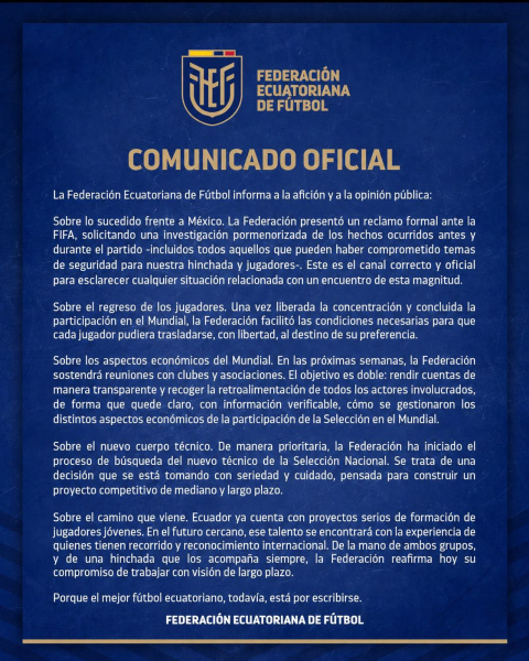 El comunicado de la Federación Ecuatoriana de Fútbol.