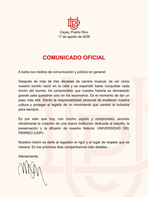 Comunicado oficial de Wisin sobre la creación de la Universidad del Perreo (UDP) y su propuesta académica.