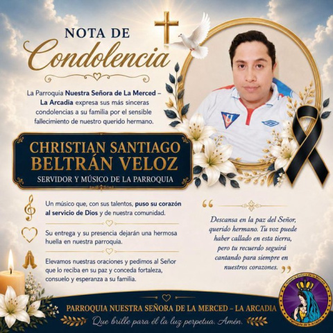 Christian Beltrán era músico y servidor de la parroquia Nuestra Señora de la Merced de La Arcadia.