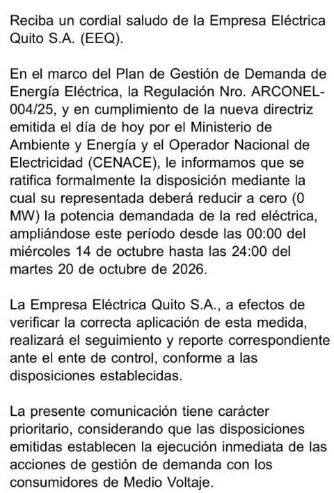 La Empresa Eléctrica Quito notificó a consumidores de medio y alto voltaje que deberán reducir a cero su demanda de la red eléctrica entre el 14 y el 20 de octubre de 2026.